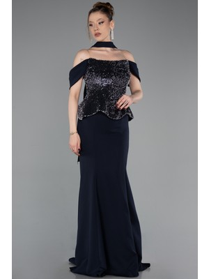Abiyefon Üstü Pullu Kayık Yaka Peplum Uzun Abiye ABU6094