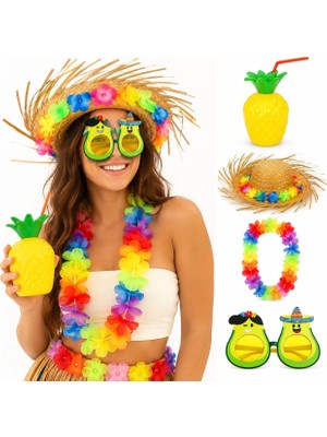 Gees Global Mey Ithalat® 4 Parça Hawaii Parti Seti Ananas Bardak Hasır Şapka Avokado Gözlük Çiçek Kolye
