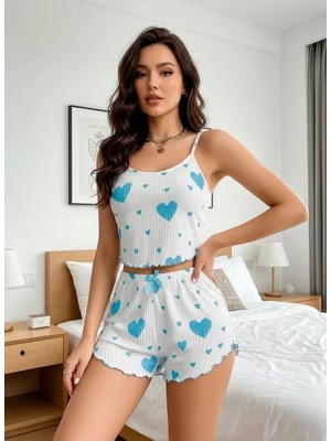 Çamaşır Kenti Kadın Beyaz Mavi Kalp Desenli Askılı Şortlu Pijama Takımı Rahat Şık 2’li Set