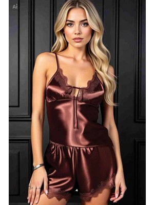 Çamaşır Kenti Kadın Kahverengi Askılı Dantel Detaylı Saten Pijama Takımı Şık ve Rahat Tasarım