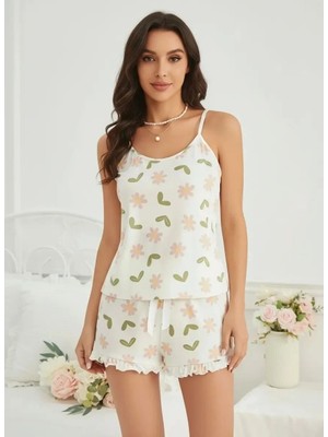 Çamaşır Kenti Kadın Ekru Çiçek Baskılı Şortlu Gecelik Pijama Takımı Rahat Şık 2’li Set