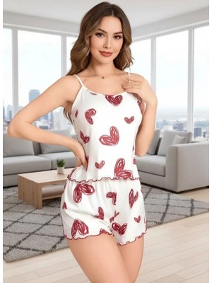 Çamaşır Kenti Kadın Beyaz Kalp Desenli Şortlu Gecelik Pijama Takımı Sevimli Rahat 2’li Set