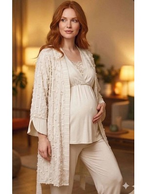 Çamaşır Kenti Bone 6209 Kadın 3'lü Dokuma Sabahlıklı Lohusa Pijama Takımı