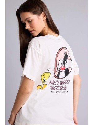 DeFacto %100 Pamuk Looney Tunes Oversize Bisiklet Yaka Sırt Baskılı Kısa Kollu Tişört H4190AX26AU