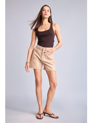 DeFacto %100 Pamuk Mom Fit Bej Şort H7838AX26HS