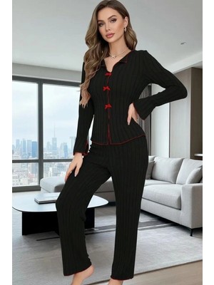 Çamaşır Kenti Kadın Siyah Kırmızı Biyeli Fiyonk Detaylı Uzun Kollu Mevsimlik Pijama Takımı Premium Ev Giyim