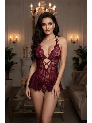 Çamaşır Kenti Kadın Bordo Dantel Tül Detaylı Derin V Yaka Teddy Gecelik Seksi Şık Iç Giyim