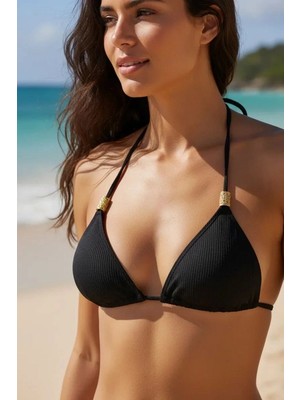 Çamaşır Kenti Siyah Pedli Üçgen Bikini Üstü Halter Bağlamalı Aksesuarlı Esnek Kumaş Kadın Mayo Üstü