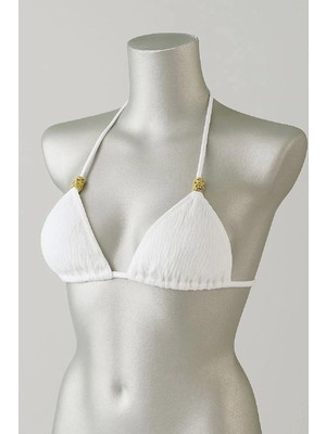 Çamaşır Kenti Beyaz Pedli Üçgen Bikini Üstü Halter Bağlamalı Aksesuarlı Esnek Kumaş Kadın Mayo Üstü