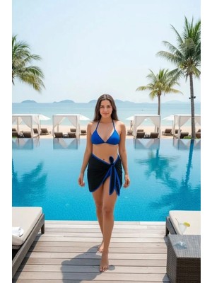 Çamaşır Kenti Kadın Mavi Pareolu 3’lü Bikini Takımı Yandan ve Boyundan Bağlamalı Pedli Şık Plaj Seti