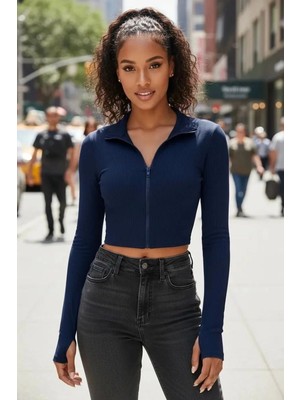 Çamaşır Kenti Kadın Lacivert Dik Yaka Fermuarlı Uzun Kollu Parmak Geçmeli Crop Top Spor Bluz