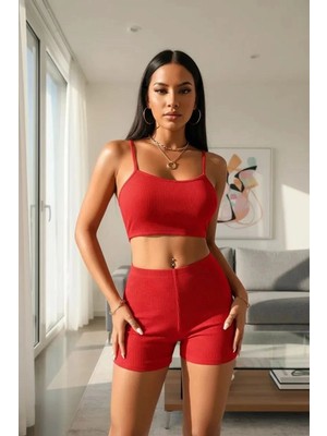 Çamaşır Kenti Kadın Kırmızı Kaşkorse Şortlu Crop Atlet Takım Esnek Kumaş Yüksek Bel