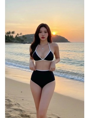 Çamaşır Kenti Siyah Beyaz Kaşkorse Kumaş Yüksek Bel Bikini Takımı Esnek Rahat Kesim Yazlık Kadın Mayo Seti