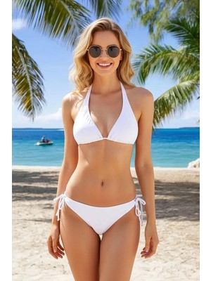 Çamaşır Kenti Beyaz Üçgen Kesim Bağlamalı Bikini Takımı Ayarlanabilir Ipli Alt Üst Esnek Rahat Kadın Mayo Seti