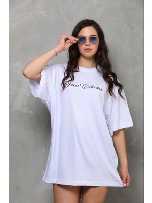 Tarz Yeri Kadın Kısa Kol Yazlık Tişört Bisiklet Yaka Baskılı Oversize T-Shirt - Beyaz