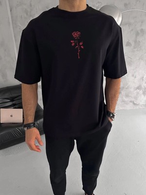 3 Bisiklet Yaka Baskılı Oversize T-Shirt - Siyah -