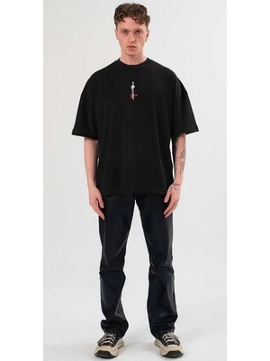 Tarz Yeri Bisiklet Yaka Baskılı Oversize T-Shirt - Siyah -