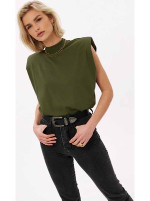 Madmext Mad Girls Haki Vatkalı Tişört MG900  Şık ve Rahat Günlük Kombinler İçin