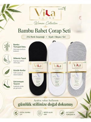 Akyol Vıla Bambu Kadın Babet Çorap Dikişsiz Görünmez Kaydırmaz Topuk Silikonlu 6'lı