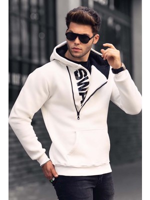 Madmext Beyaz Kapüşonlu Sweatshirt Uzun Kol %100 Pamuklu Erkekler İçin Konforlu