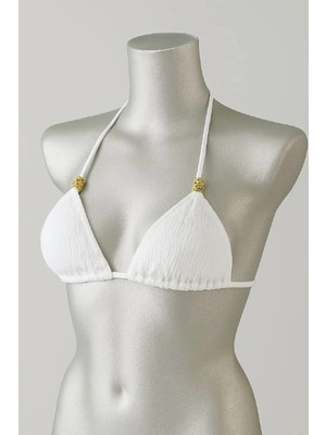 Çamaşır Kenti Beyaz Pedli Üçgen Bikini Üstü Halter Bağlamalı Aksesuarlı Esnek Kumaş Kadın Mayo Üstü