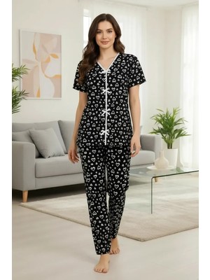 Çamaşır Kenti Kadın Siyah Kalp Desenli Fiyonk Detaylı Kısa Kollu Uzun Pijama Takımı Premium Ev Giyim