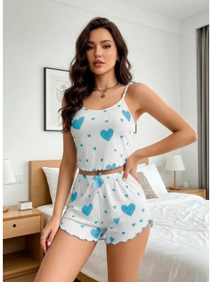 Çamaşır Kenti Kadın Beyaz Mavi Kalp Desenli Askılı Şortlu Pijama Takımı Rahat Şık 2’li Set