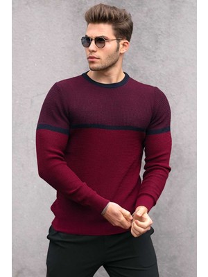 Madmext Bordo Renk Bloklu Erkek Kazak Yuvarlak Yaka Günlük Stil Fitted Kesim