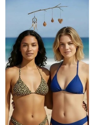 Çamaşır Kenti Leopar Desenli ve Mavi Detaylı Üçgen Bikini Üstü Minimal Kesim Bağlamalı Kadın Mayo Üstü 2'li
