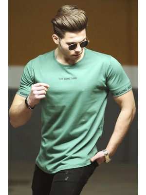 Madmext Yeşil Erkek T-Shirt 4461 Kısa Kol Bisiklet Yaka %100 Pamuk Düz Renk Slim Fit