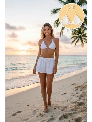 Çamaşır Kenti Beyaz Şortlu Bağlamalı Bikini Takımı Üçgen Kesim Ayarlanabilir Esnek Kumaş Kadın Mayo Seti