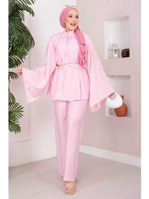 Ebru Tesettür Şık Kolyeli Tunik Pantolon Takım Pembe