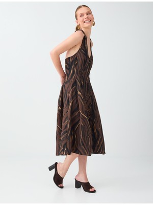 Jimmy Key Acı Kahve Keten Karışımlı Boyundan Bağlı Midi Elbise
