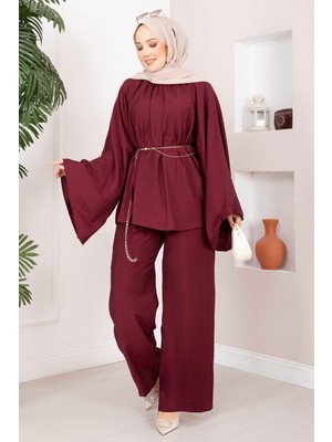 Ebru Tesettür Şık Kolyeli Tunik Pantolon Takım Bordo