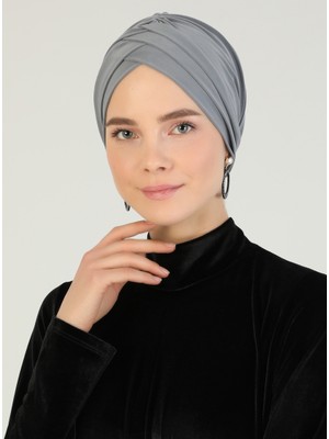 Mervin Şal Çapraz Üç Bantlı Hazır Türban  Polyester Gri