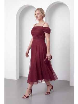 Lafaba Kadın Bordo Ince Askılı Simli Midi Söz Nişan Nikah Abiye Elbise