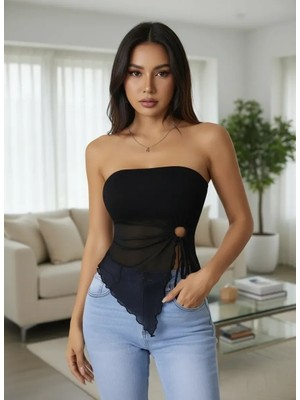Çamaşır Kenti Kadın Siyah Crop Bluz Önden Halka Detaylı Büzgülü Şık Kadın Üst Giyim Özel Tasarım