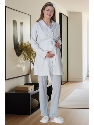 Mecit Pijama Mecit 6001 Gri Çizgili Sabahlıklı Lohusa Pijama Takımı