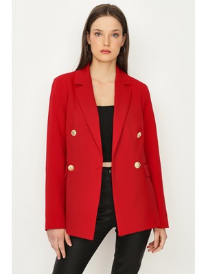 Select Moda Kadın Kırmızı Düğmeli Blazer Ceket %85 Polyester %15 Elastane Konforlu Tasarım