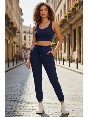 Çamaşır Kenti Kadın Laciver Premium Görünümlü Kaşkorse Cepli Jogger Eşofman Altı ve Crop Top Bluz Takımı