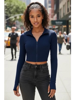 Çamaşır Kenti Kadın Lacivert Dik Yaka Fermuarlı Uzun Kollu Parmak Geçmeli Crop Top Spor Bluz
