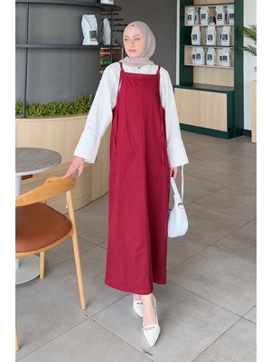 Lamelif Gabardin Tesettür Jile Bordo Pamuk - Polyester Malzemeden Düz Desenli Kadın Askılı Günlük Stil