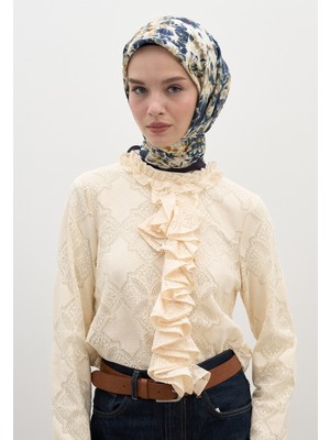 Fresh Scarfs Cherry Blossom Desen Pamuklu Viskon Eşarp Lacivert