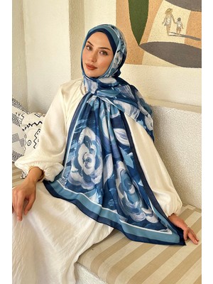 Lamelif Çiçek Desen Pamuk Şal Gece Mavisi