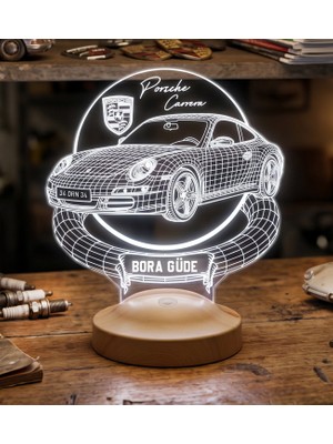 Sevgilambası Porsche 911 Carrera Kişiye Özel 3D LED Lamba, Porsche Sevene Hediye, Klasik Spor Araba Tutkununa Isimli Masa Lambası