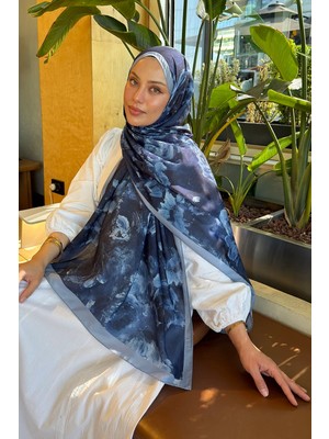 Lamelif Gül Çiçek Desen Lara Soft Şal Lacivert