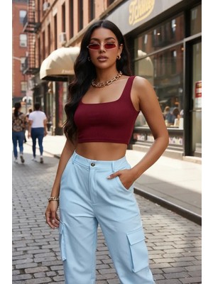 Çamaşır Kenti Kadın Bordo Kalın Askılı Crop Top Büstiyer Esnek Kumaş Şık Basic Kadın Üst Giyim