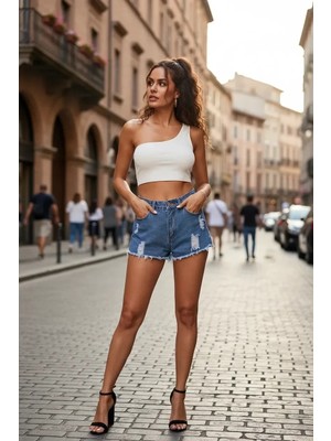 Çamaşır Kenti Kadın Beyaz Fit Görünümlü Tek Omuz Crop Top Büstiyer