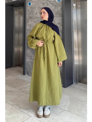 Lamelif Yağ Yeşili Balon Kol Bağlamalı Tesettür Elbise Pamuk - Polyester Düz Desen ile Günlük Kullanıma Uygun
