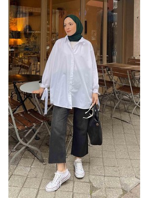 Lamelif Kol Detaylı Gömlek Oversize Gömlek Beyaz